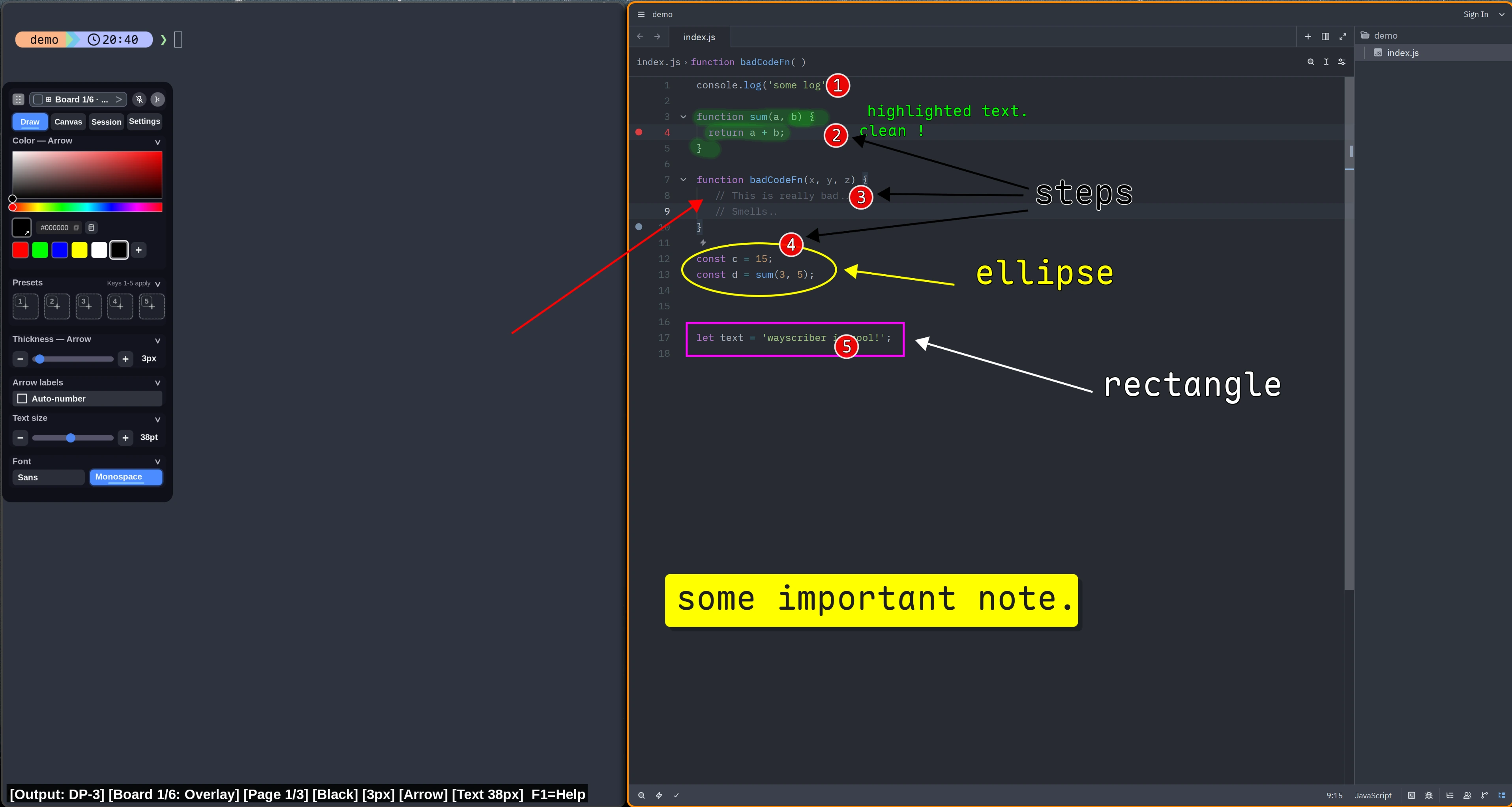 wayscriber annotating source code with arrows, highlights, shapes, step markers and text