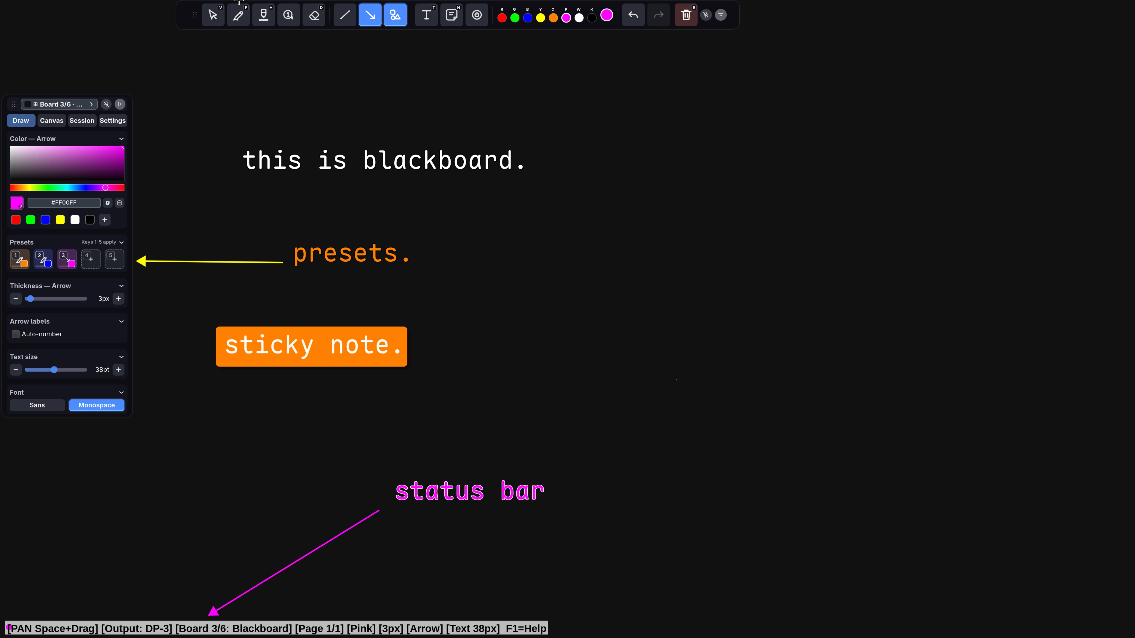 wayscriber blackboard mode with a sticky note and coloured labels