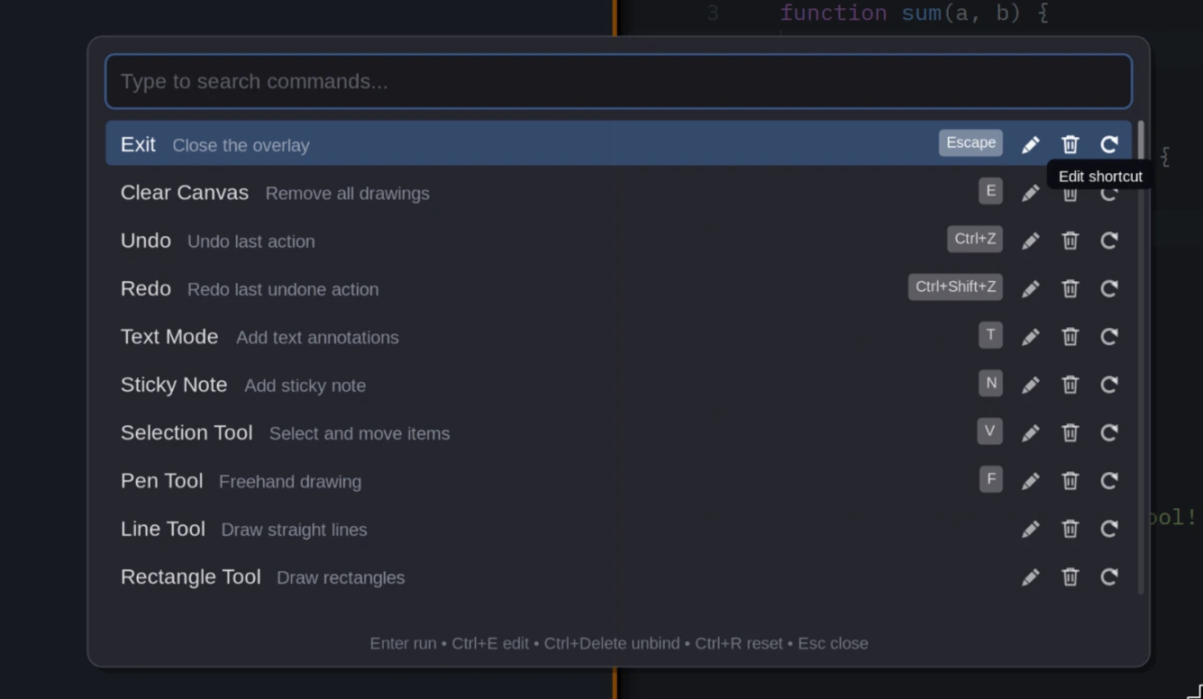 Command palette overlay listing searchable actions with shortcuts