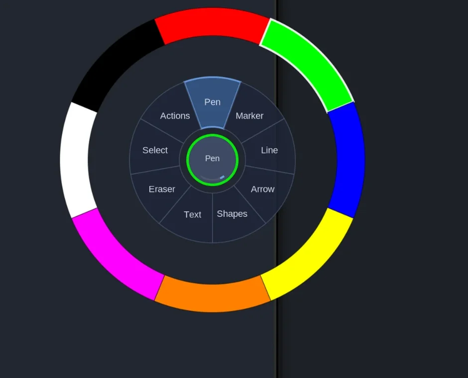 Radial menu at the cursor with a color ring and tool segments