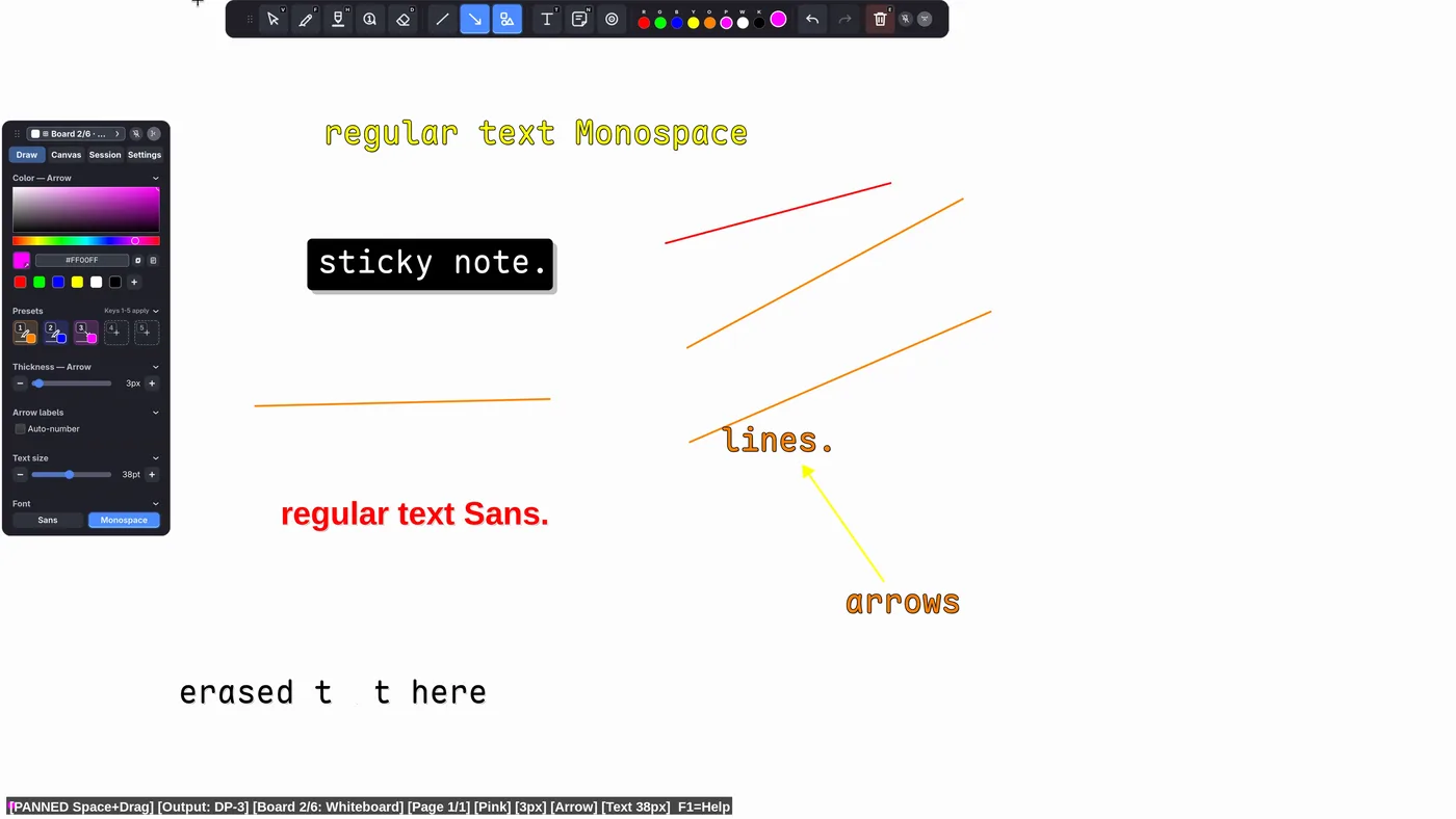 Whiteboard mode with text, sticky note, lines and arrows, and the floating side panel