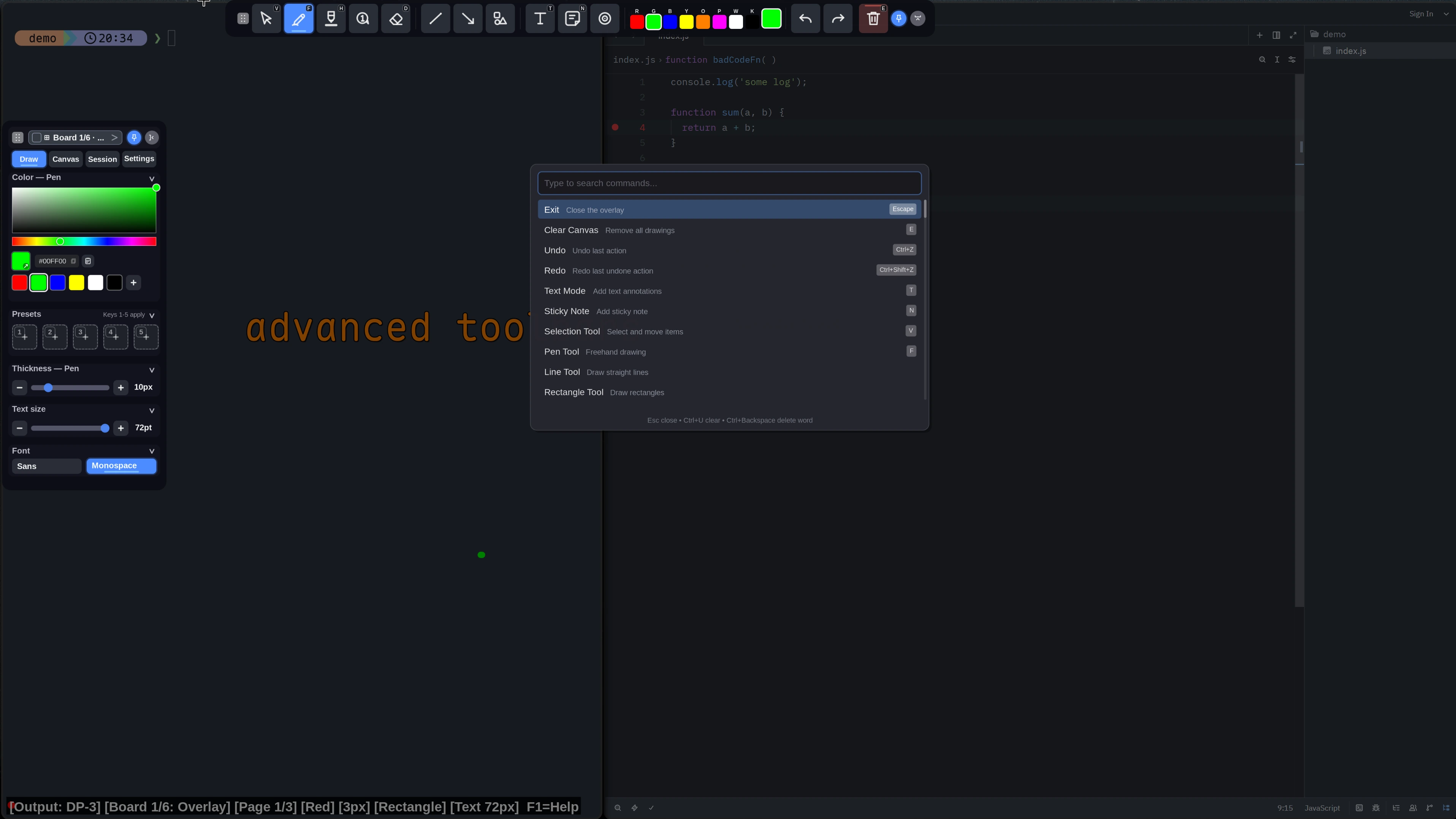 wayscriber command palette for searching actions and tools