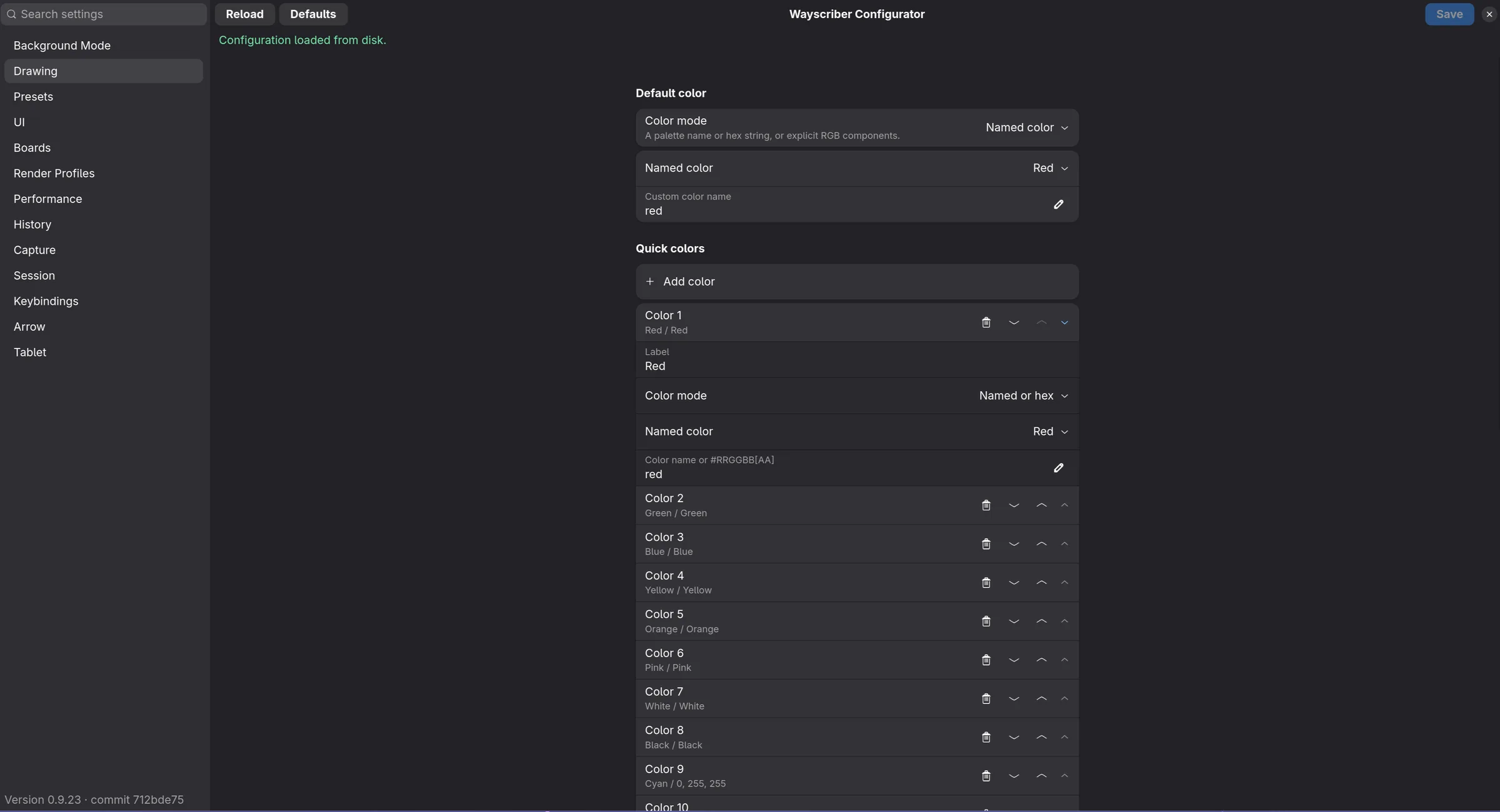Configurator Colors page with default and quick colors