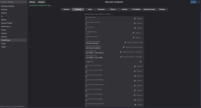 Wayscriber Configurator Keybindings page with searchable actions