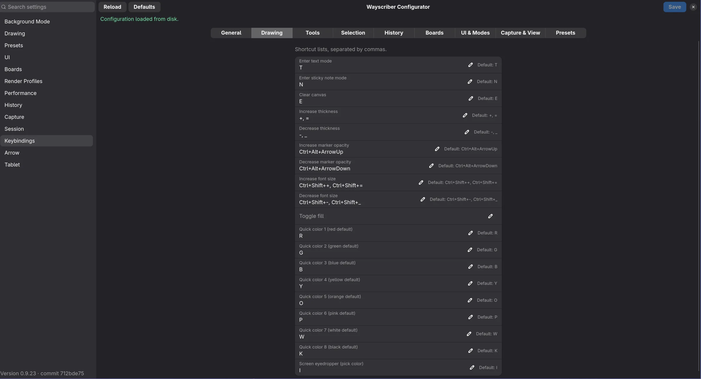 Configurator Keybindings page with searchable actions