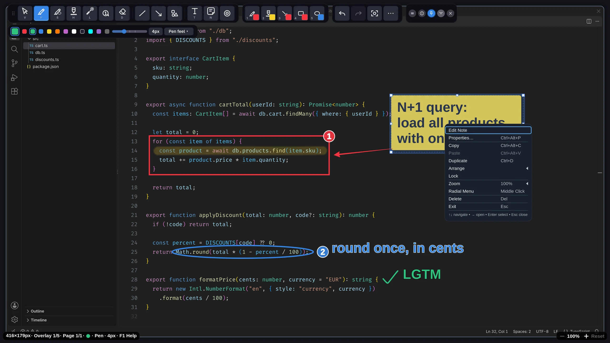 Context menu beside a selected sticky note with edit, copy, duplicate, arrange, lock, zoom and delete