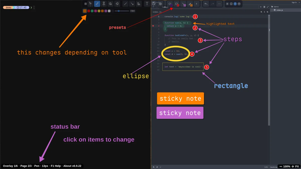 Wayscriber with one floating toolbar and contextual controls over a code editor