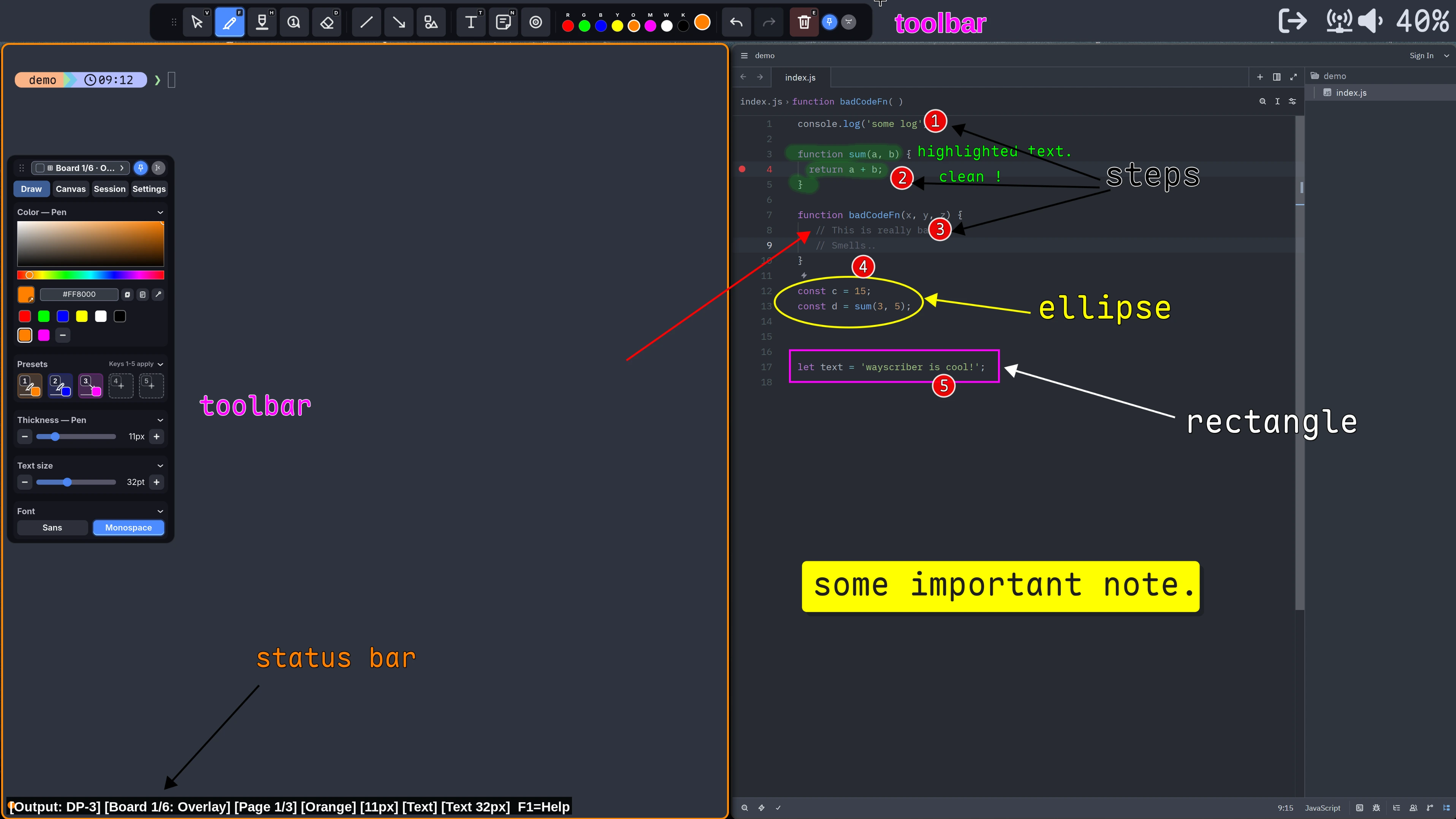 wayscriber overlay drawing numbered arrows, an ellipse, a rectangle and a sticky note over a code editor