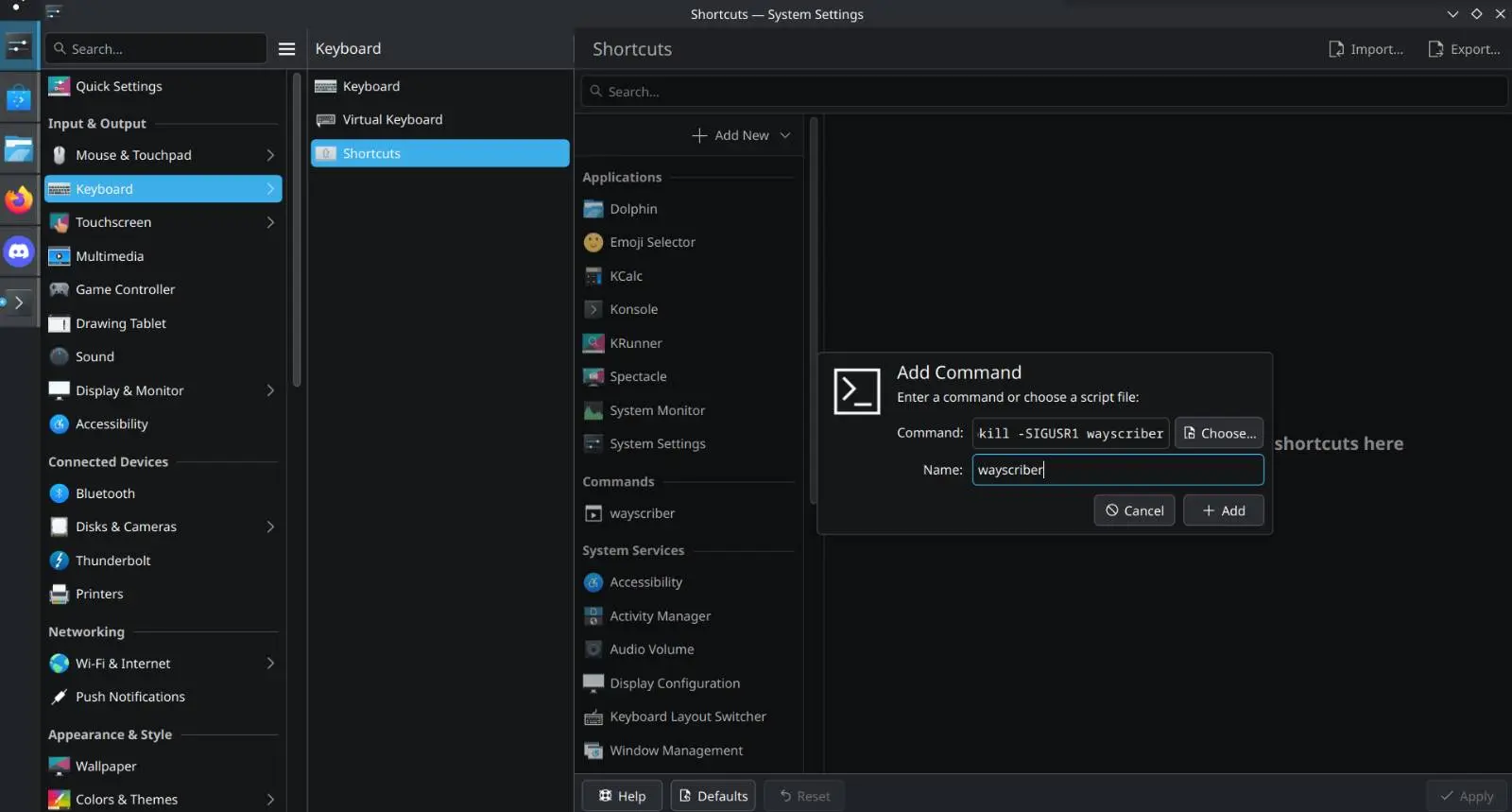 Adding a global shortcut in Kubuntu to toggle the wayscriber daemon