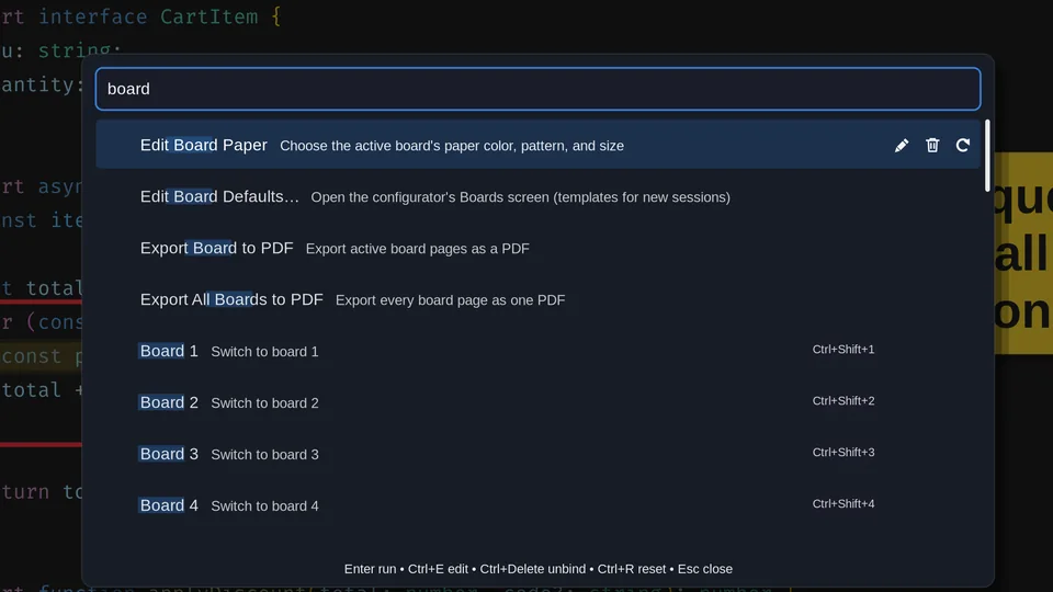 Command palette filtered to board actions, with shortcuts beside each result