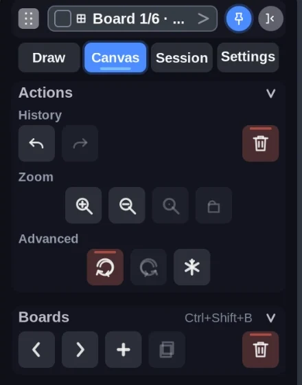 Floating side panel Canvas tab with history, zoom, boards and pages