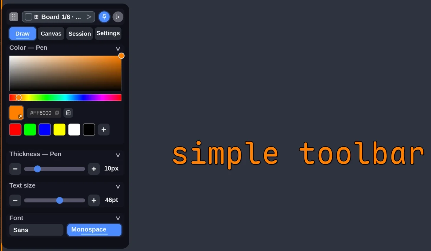 Compact side panel with color area, thickness and font controls