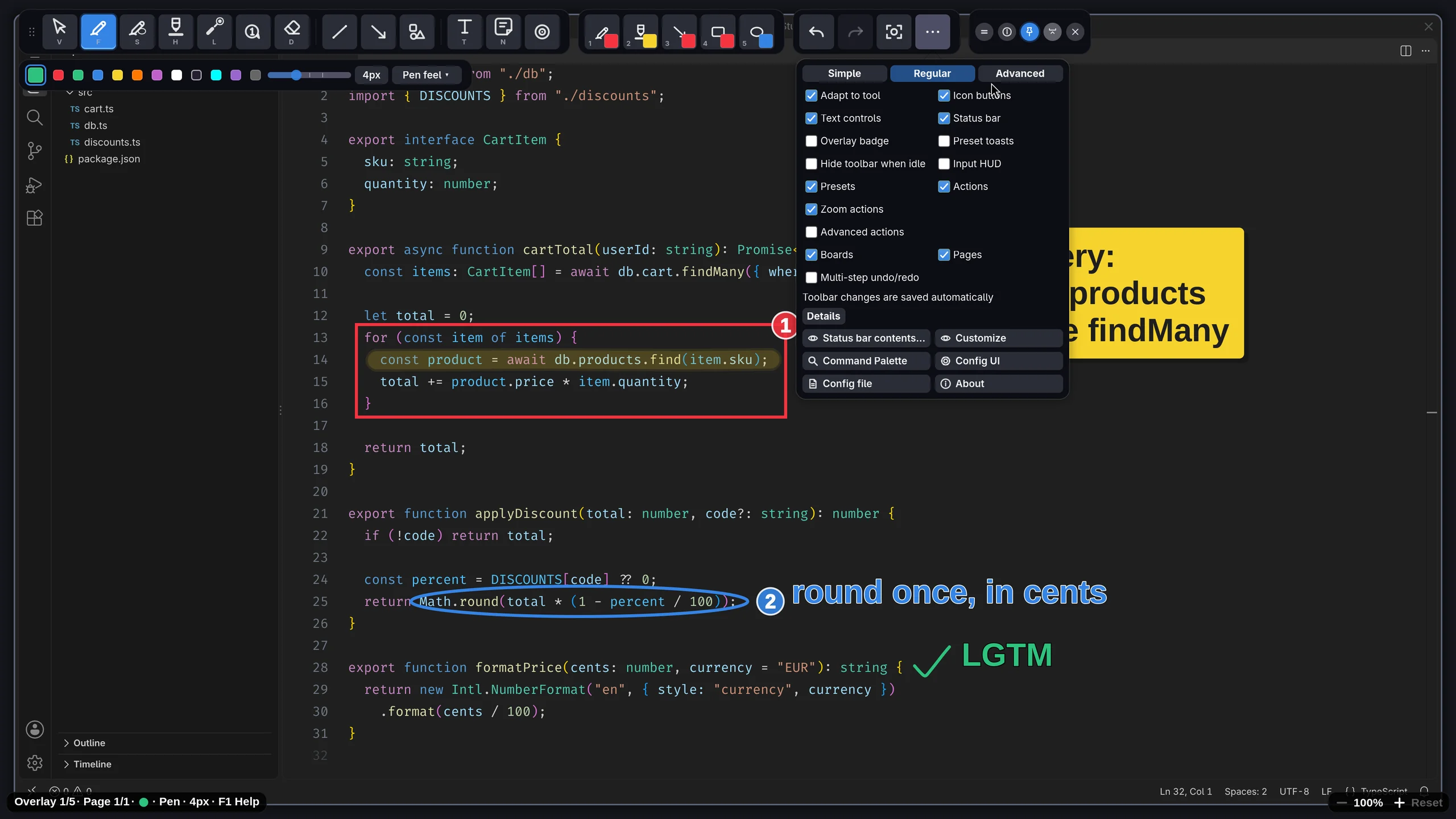 Toolbar settings popover with layout modes and toggles for presets, zoom, boards and pages